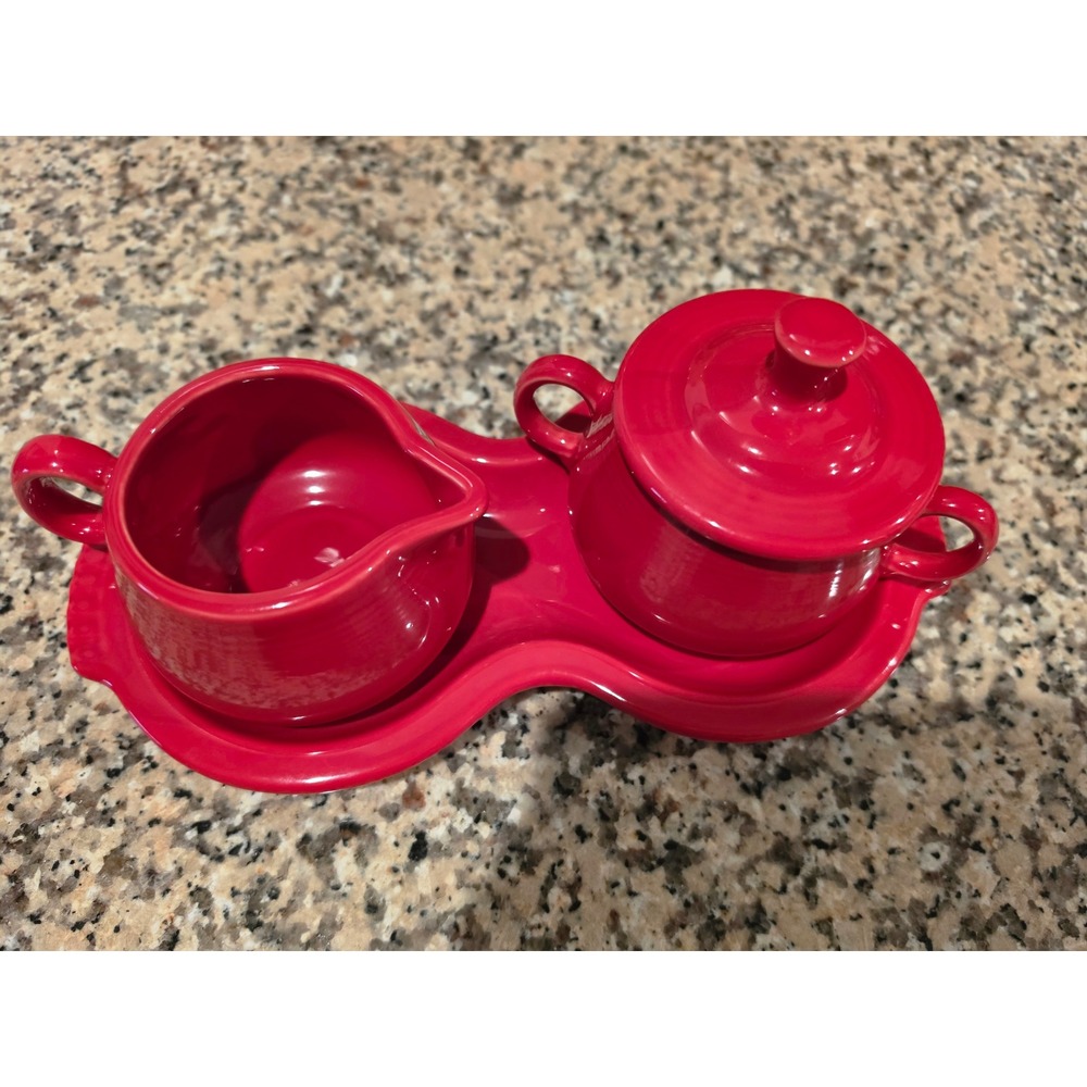 Fiesta Scarlet Red Creamer and Sugar Set with Figure 8 Tray Ceramic 3 Piece Set